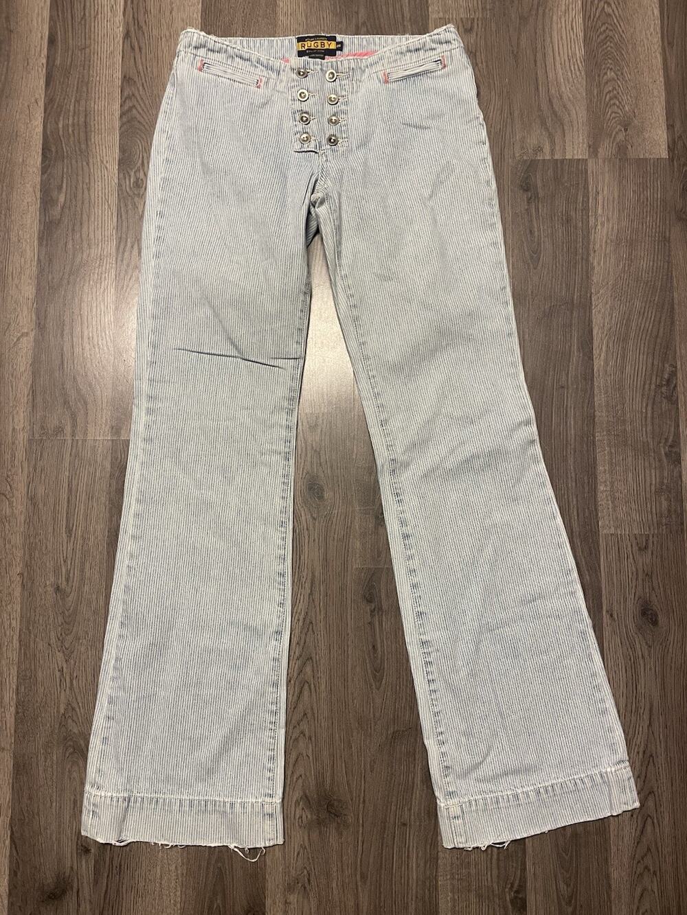 VTG Ralph Lauren Rugby Striped Sailor Flare Pants Size 26 Double Button Fly Y2K